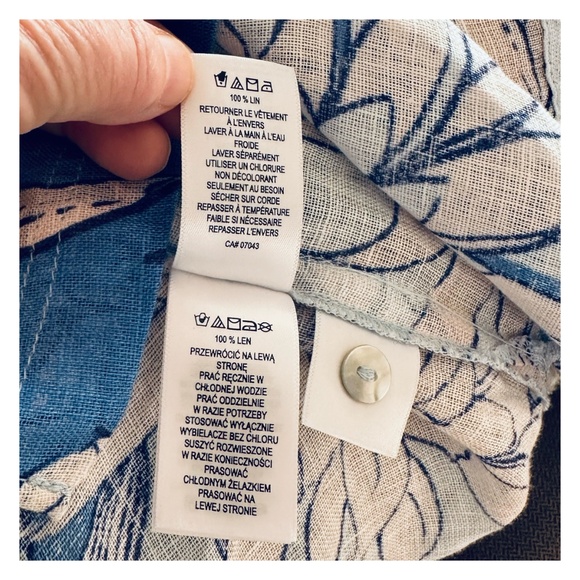 H HALSTON Linen Floral Shirt Top Size L Button-Up Short Sleeve Blue White - Picture 8 of 8